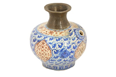 Lot 70 - A SAFAVID RED AND BLUE KIRMAN POTTERY QALYAN BASE (WATER PIPE)