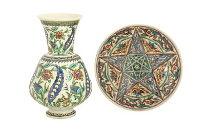 Lot 96 - A POLYCHROME-PAINTED IZNIK-STYLE SAMSON POTTERY VASE AND DISH