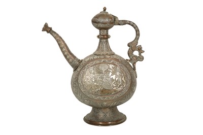 Lot 204 - A SILVER-OVERLAID COPPER ALLOY CEREMONIAL EWER WITH PARADE AND HUNTING SCENES