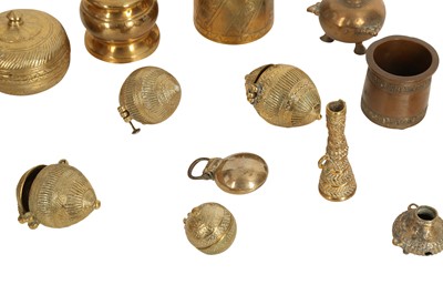 Lot 167 - A MISCELLANEOUS GROUP OF BRASS MINIATURE VESSELS AND COSMETIC TOOLS