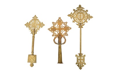 Lot 216 - THREE ETHIOPIAN OPENWORK BRASS COPTIC CROSSES