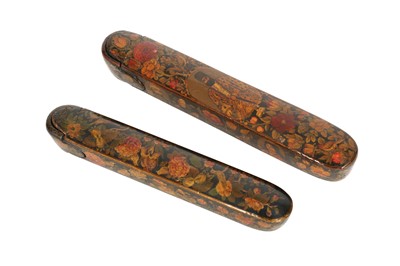 Lot 113 - TWO QAJAR LACQUERED PAPIER-MÂCHÉ QALAMDANS (PEN BOXES)