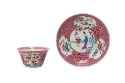 Lot 260 - A CHINESE FAMILLE ROSE 'LADY AND BOY' CUP AND SAUCER.