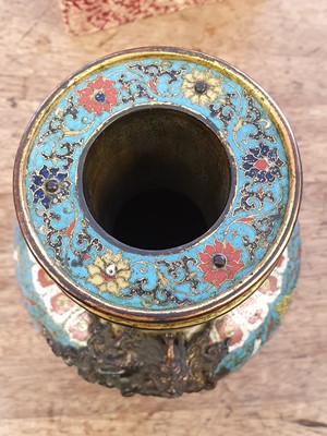Lot 35 - A CHINESE GILT BRONZE AND CLOISONNÉ ENAMEL 'LION DOGS' BUDDHIST LONGEVITY VASE, BUMPA.