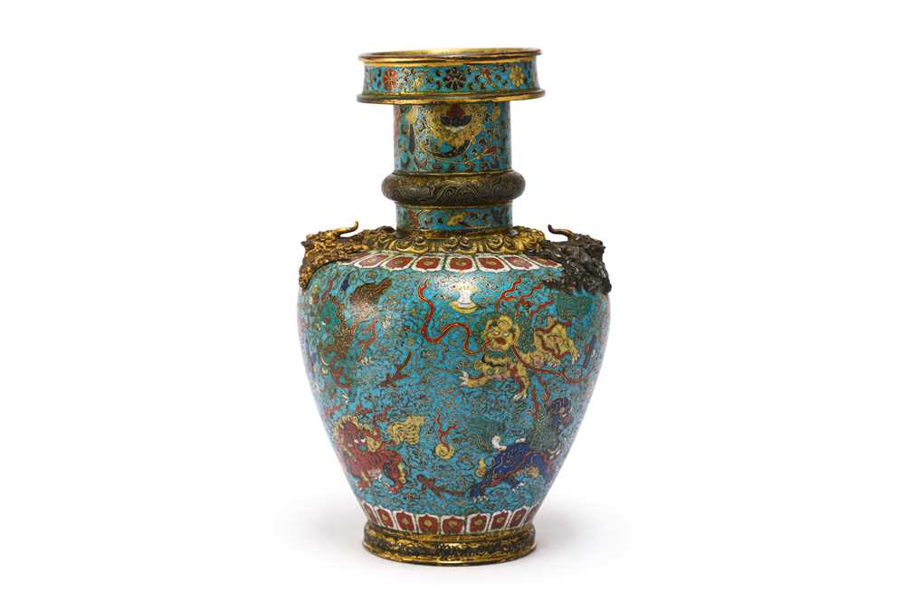 Lot 35 - A CHINESE GILT BRONZE AND CLOISONNÉ ENAMEL 'LION DOGS' BUDDHIST LONGEVITY VASE, BUMPA.