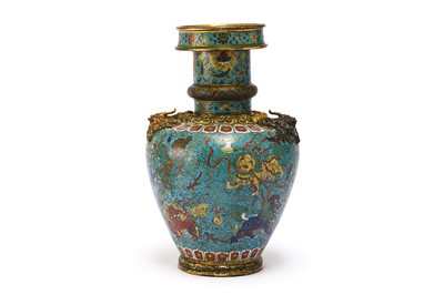Lot 35 - A CHINESE GILT BRONZE AND CLOISONNÉ ENAMEL 'LION DOGS' BUDDHIST LONGEVITY VASE, BUMPA.