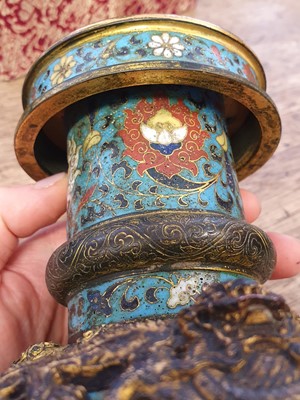 Lot 35 - A CHINESE GILT BRONZE AND CLOISONNÉ ENAMEL 'LION DOGS' BUDDHIST LONGEVITY VASE, BUMPA.