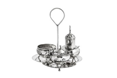 Lot 298 - An early to mid-20th century Iraqi silver cruet set on stand, Basra or Omara circa 1920-40 signed Gahreeb