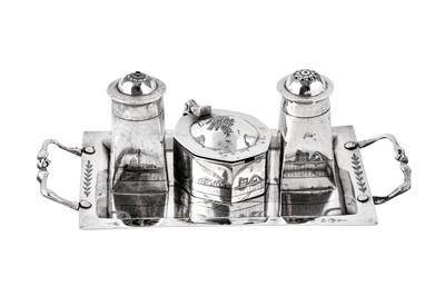 Lot 297 - An early to mid-20th century Iraqi silver cruet set on tray, Omara circa 1920-40