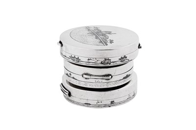 Lot 269 - Three early to mid-20th century Iraqi silver and niello compacts, circa 1930-50