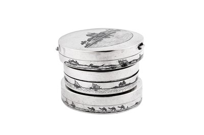 Lot 269 - Three early to mid-20th century Iraqi silver and niello compacts, circa 1930-50