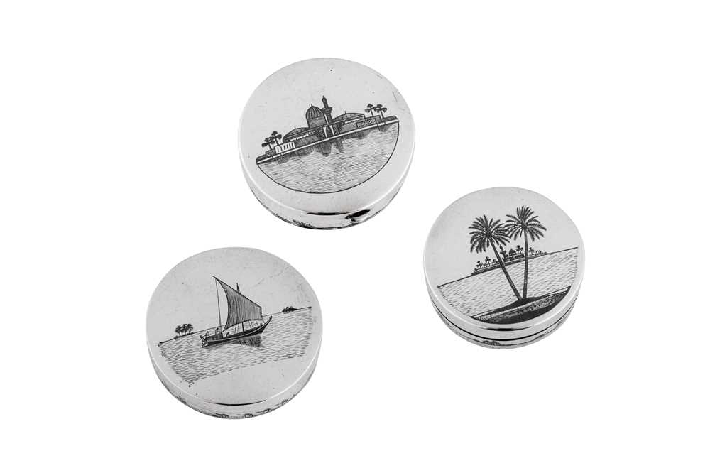 Lot 269 - Three early to mid-20th century Iraqi silver and niello compacts, circa 1930-50