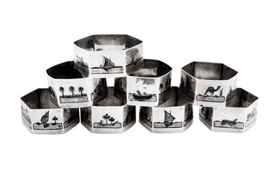 Lot 280 - A mixed group of eight early 20th century Iraqi silver and niello napkin rings, Basra circa 1920-40