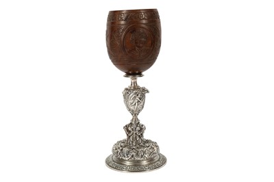 Lot 44 - A FINE 19TH CENTURY FRENCH COCONUT CUP MOUNTED ON AN ELKINGTON TYPE ELECTROPLATED BASE
