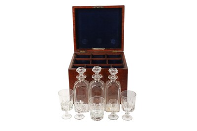 Lot 196 - AN EARLY 19TH CENTURY MAHOGANY CELLARATTE BOX WITH DECANTERS AND GLASSES