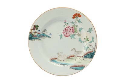 Lot 79 - A CHINESE FAMILLE ROSE 'GOATS' DISH.