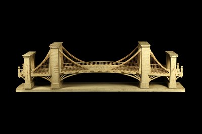 Lot 261 - AN EARLY 20TH CENTURY PAINTED WOOD MODEL OF A SUSPENSION BRIDGE