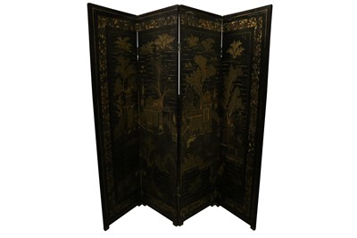 Lot 110 - A CHINESE GILT-LACQUER WOOD FOUR-FOLD SCREEN.