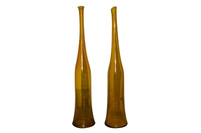 Lot 109 - A PAIR OF 'SHIFA' AMBER GLASS BOTTLE VASES