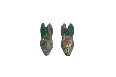 Lot 169 - A PAIR OF CHINESE BRONZE 'RABBIT' HEAD ORNAMENTS.