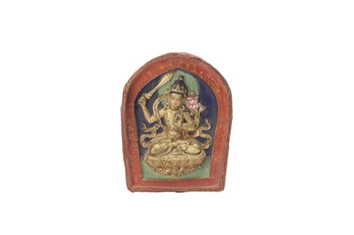 Lot 488 - A MONGOLIAN POLYCHROME CLAY TSATSA OF BODHISATTVA MANJUSRI.