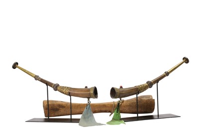 Lot 565 - A PAIR OF TIBETAN COPPER, BRASS AND SILVERED TRUMPETS.