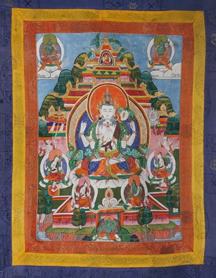 Lot 499 - A MONGOLIAN THANGKA OF SADAKSARI AVALOKITESHVARA.
