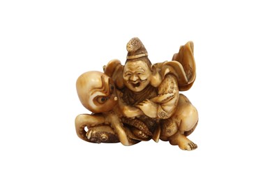 Lot 327 - A SMALL MARINE IVORY OKIMONO NETSUKE OF EBISU AND AN OCTOPUS.