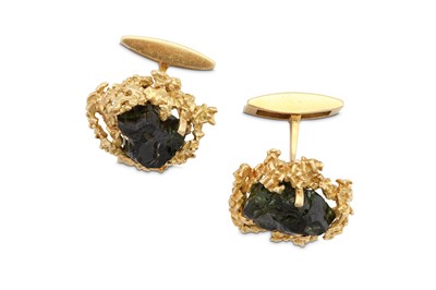 Lot 156 - A pair of green tourmaline cufflinks, circa 1970
