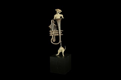 Lot 90 - TAXIDERMY ART:  LION CUB IN A TRUMPET BY ANDRE ROBOLOBAVICH