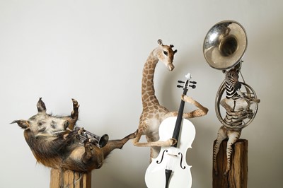 Lot 86 - THE JAZZ GIRAFFE: A TAXIDERMY BABY GIRAFFE WITH  CELLO BY ANDRE ROBOLOBAVICH