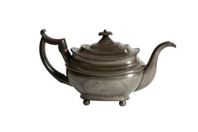 Lot 315 - A GEORGIAN PEWTER TEAPOT ENGRAVED FOR A VEGETABLE SOCIETY