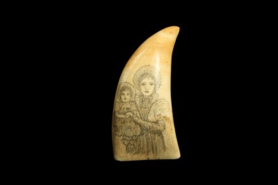 Lot 134 - A MID 19TH CENTURY SCRIMSHAW SPERM WHALE TOOTH DEPICTING A MOTHER AND CHILD