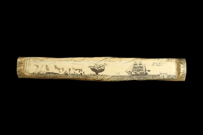 Lot 132 - A RARE 19TH CENTURY NARWHAL SCRIMSHAW CARVED WITH A WHALING EXPEDITION