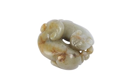 Lot 654 - A CHINESE CELADON JADE 'CAT' GROUP.