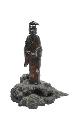 Lot 308 - A BRONZE FIGURE OF A CHINESE BEARDED SAGE BY MUROE KICHIBEI (1841 - 1903).