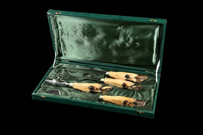 Lot 195 - TAXIDERMY: ROE DEER HOOF HANDLED CARVING CUTLERY SET, MID 20TH CENTURY