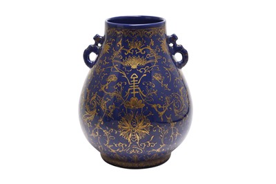 Lot 425 - A CHINESE GILT-DECORATED BLUE-GROUND VASE, HU