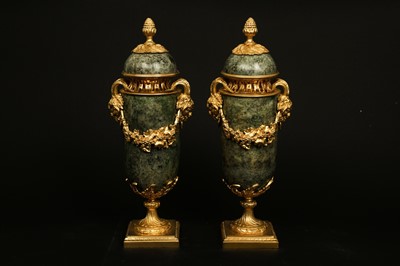 Lot 90 - A PAIR OF LOUIS XVI STYLE GREEN MARBLE AND ORMOLU URNS AND COVERS