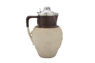 Lot 855 - A LARGE GEORGE III STERLING SILVER MOUNTED TURNER OF LANES END ALE JUG, LONDON 1796 PROBABLY FOR JOHN TROBY (reg. 29th of March 1787)