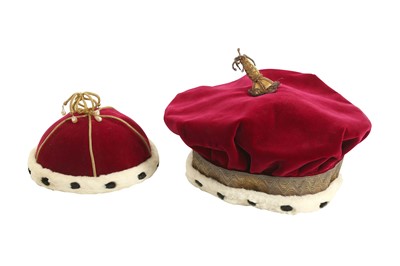 Lot 395 - TWO CRIMSON SILK VELVET CEREMONIAL HATS BY EDE & RAVENSCROFT LTD