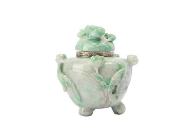 Lot 704 - A CHINESE APPLE-GREEN JADEITE INCENSE BURNER AND COVER.
