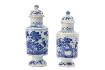 Lot 93 - TWO CHINESE BLUE AND WHITE CYLINDRICAL VASES AND COVERS.