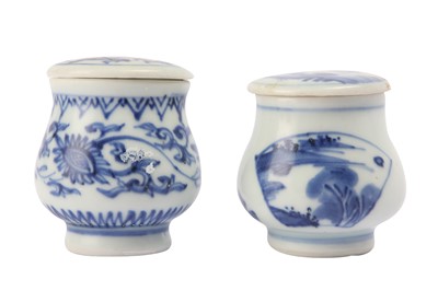 Lot 87 - TWO CHINESE BLUE AND WHITE JARLETS WITH COVERS.