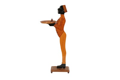 Lot 371 - AN ART DECO CARVED WOOD BELL BOY CARD HOLDER