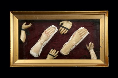 Lot 126 - A LATE 19TH / EARLY 20TH CENTURY CASED COLLECTION OF WAX HANDS