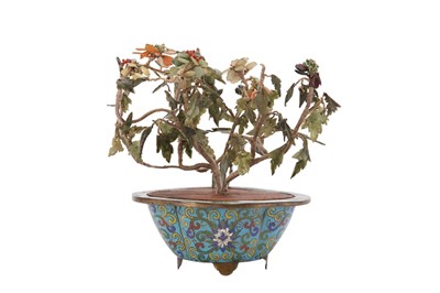 Lot 991 - A CHINESE CLOISONNÉ ENAMEL JARDINIERE WITH HARDSTONE PLANTS.