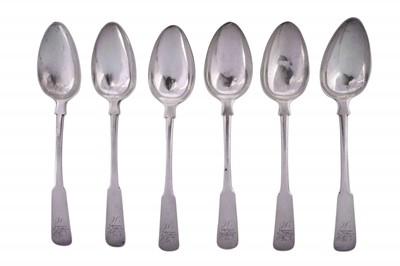Lot 356 - A set of six George III Scottish sterling silver tablespoons, Edinburgh 1809 by RT (unidentified)