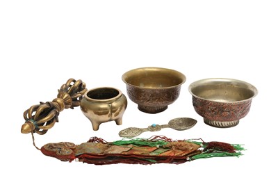 Lot 486 - A GROUP OF TIBETAN CEREMONIAL METALWORKS.