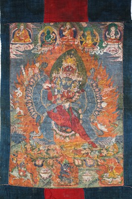 Lot 424 - A TIBETAN THANGKA OF YAMANTAKA AND CONSORT.